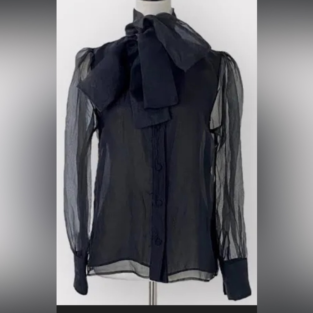 Zara sheer black top with bow neck tie - M